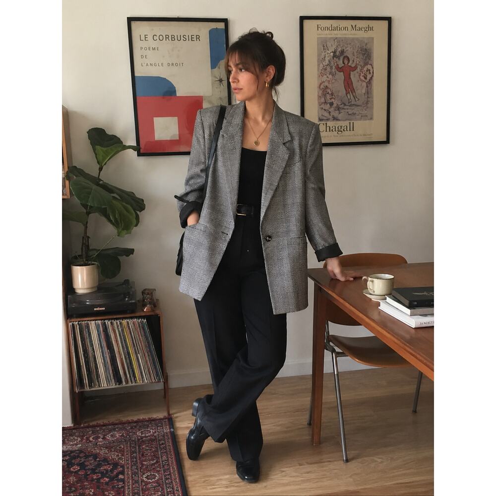 Vintage Sasson Paris New York Plaid Blazer Jacket Women 14/15 80s Longline